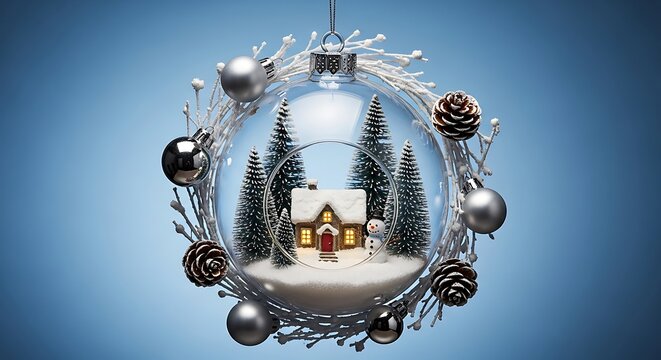 A glass dome ornament filled with a snowy village scene featuring a tiny cottage with glowing windows - Powered by Adobe