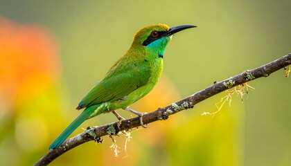 Fototapeta premium Vibrant green bird perched on a branch
