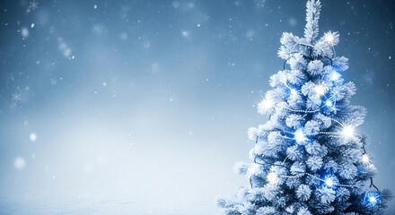 A frosted Christmas tree illuminated with cool blue and white lights stands on the right side of an icy blue background