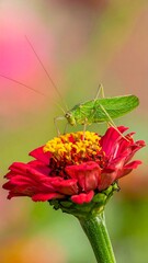 Vibrant green grasshopper on crimson flower