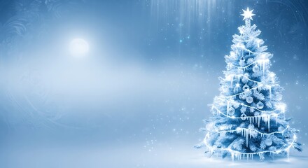 A frosted Christmas tree illuminated with cool blue and white lights stands on the right side of an icy blue background