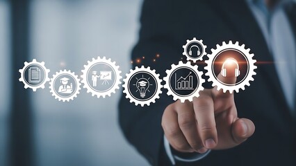 Businessman touching digital gears representing business process and workflow optimization