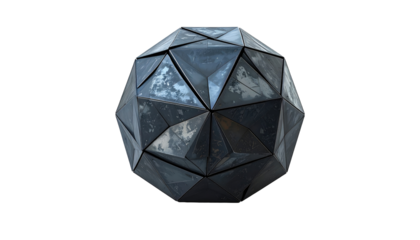 Metallic geometric orb with triangular facets, textured with cloudy patterns on a dark, contrasting backdrop