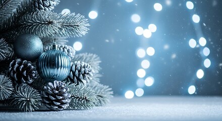 A winter-inspired setup with frosty pine branches, silver-painted pinecones, and a metallic blue ornament, placed in front of an icy blue background