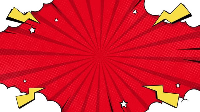 Comic retro pop animation background with radial burst, dotted texture, clouds, stars, and lightning shapes. Perfect for fun intros, kids videos, and nostalgic comic style content