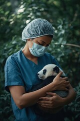 Veterinarian caring for a young panda cub in a natural setting