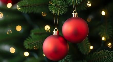 A warm and nostalgic Christmas look featuring two matte red baubles hanging from gold threads, adding a bold festive pop of color against the lush green tree.