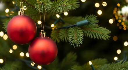 A warm and nostalgic Christmas look featuring two matte red baubles hanging from gold threads, adding a bold festive pop of color against the lush green tree.