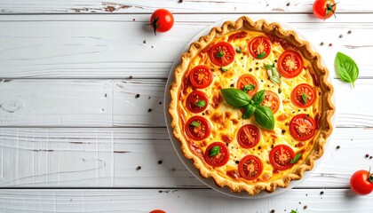 Quiche with tomatoes on wooden boards