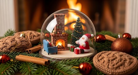 A dome filled with a miniature living-room scene featuring a tiny brick fireplace with glowing embers, a decorated Christmas tree, and a small plush-style Santa figure warming by the fire.