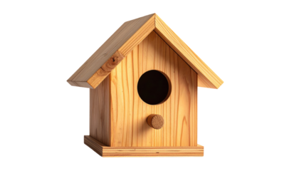 Simple, unfinished wooden birdhouse with round entrance hole, against a dark background