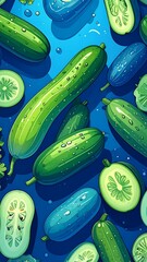 Vibrant illustration of various cucumbers and cucumber slices on a blue surface