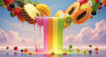Obraz premium Rainbow Fruit Waterfall A Burst of Tropical Flavors in a Dreamy Landscape