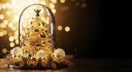 A dome featuring a golden Christmas tree with metallic ornaments and a small angel figurine, surrounded by gold-tinted pine branches, shimmering gold baubles, glass ornaments, and reflective pinecones