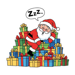 Adorable Santa Claus cartoon napping on a colorful pile of Christmas gifts after a long night of holiday deliveries, perfect for festive cheer