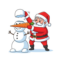 Santa Claus joyfully builds a snowman with a carrot nose and snow hat, spreading holiday cheer and winter fun for children and families