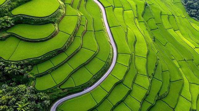 An aerial view showcases vibrant green rice terraces cascading down a hillside, with a winding road cutting through the landscape. The scene is bathed in daylig