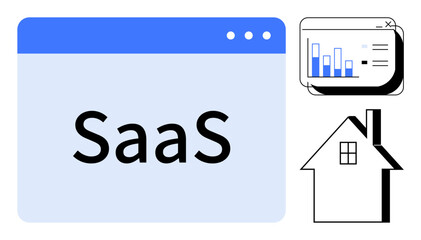 SaaS services, data analysis, cloud computing, home automation, online tools, digital platforms. Browser window and data chart next to a house icon. SaaS services and data analysis concepts