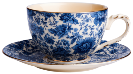 Vintage porcelain teacup and saucer presenting blue floral chintz pattern and gold rim on transparent background
