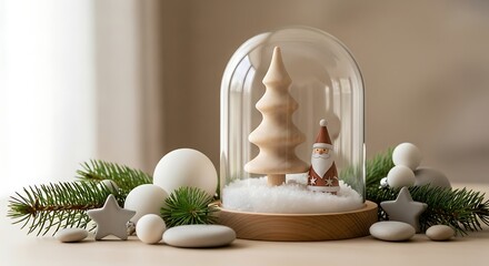 A clean glass dome displaying a simple wooden tree sculpture, a tiny carved wooden Santa, and soft white faux snow, placed on a smooth light oak base.