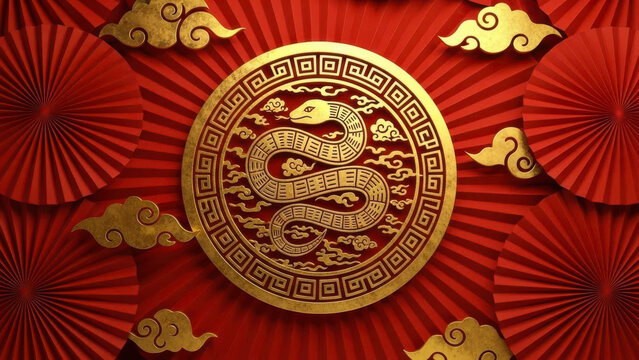 Chinese zodiac sign of the snake in gold relief on a red background with decorative paper fans and golden clouds, symbolizing the lunar new year celebration
