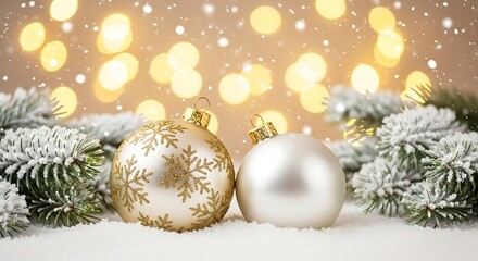 A serene winter Christmas scene featuring two elegant Christmas baubles—one adorned with glittery gold snowflake patterns and the other in smooth metallic white—resting gently on soft snow