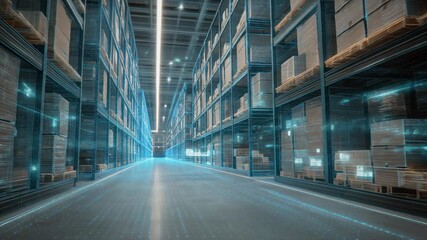 Futuristic warehouse with digital interface and organized shelves, perfect for logistics and supply chain visuals - Powered by Adobe