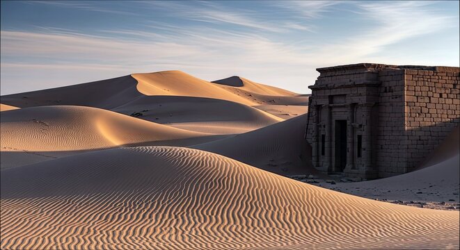 An ancient stone temple stands in a vast desert landscape with rolling sand dunes under a blue sky. - Powered by Adobe