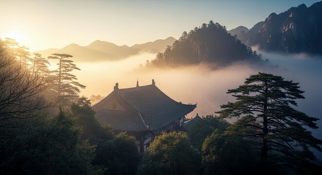 A beautiful landscape photograph of an ancient temple nestled in the mountains, surrounded by trees and mist during sunrise. - Powered by Adobe