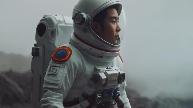 Astronaut in futuristic spacesuit standing on a rocky terrain with foggy background exploration concept