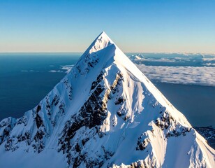 Snowy mountain peak against ocean horizon