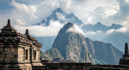 A view of ancient temple ruins in the foreground with the iconic Machu Picchu mountain range in the background, under a cloudy sky during the day.