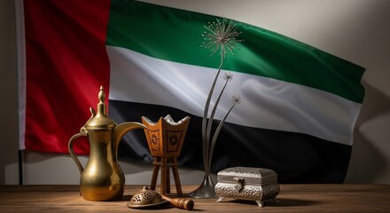 UAE National Day Still Life with Traditional Items and Flag.