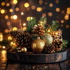 Festive pine cones and gold ornaments