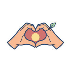 Obraz premium Two Open Hands Forming a Heart Shape Around a Yellow Circle and Green Leaf on a Pink Background with Blue Outline and White Border Isolated on Black