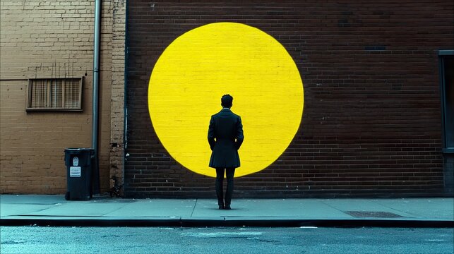 A man in a suit stands in front of a large yellow circle painted on a brick wall. The scene evokes a sense of contemplation and mystery.