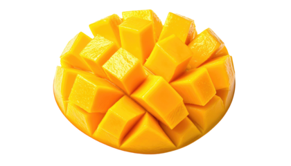 Juicy, diced mango fruit, revealing its bright yellow, segmented flesh on a black background