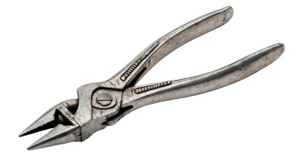 Vintage needle-nose pliers, an old metal hand tool for gripping and bending, transparent background
