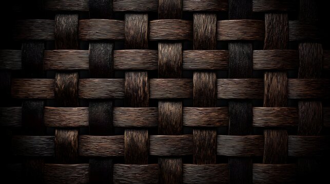 Close-up of a dark brown woven rattan surface with a consistent and even basket weave pattern, suitable for backgrounds.