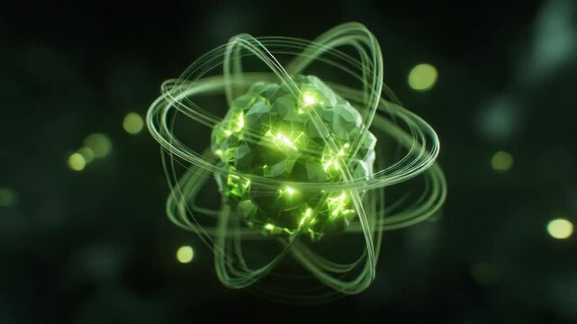 Atom in Action: A vibrant illustration of a glowing atom, showcasing the intricate structure of atomic particles in dynamic motion. The core emits a radiant green light.