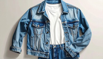 Denim jacket and white tee, flat lay