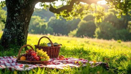 Picnic basket on blanket, under tree