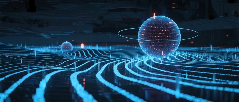 Digital globe with glowing grid lines and futuristic landscape - Powered by Adobe