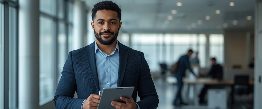 Empowered leader ready to drive innovation in a modern office. Poised with a tablet, showcasing tech-savvy leadership. Perfect for corporate communications and more.