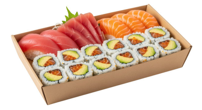 Assorted Fresh Gourmet Sushi and Sashimi in Takeout Container Culinary