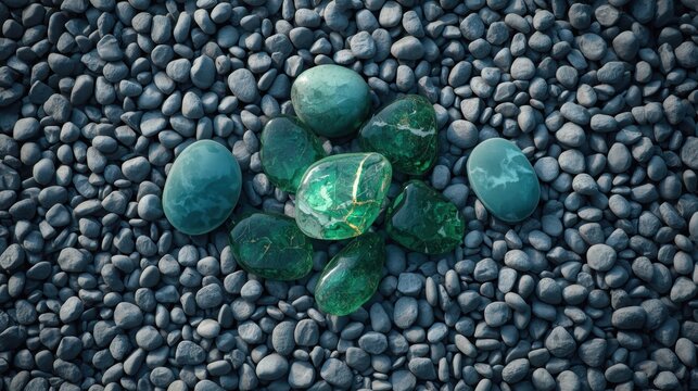 Pile of smooth green gemstones on a bed of dark pebbles