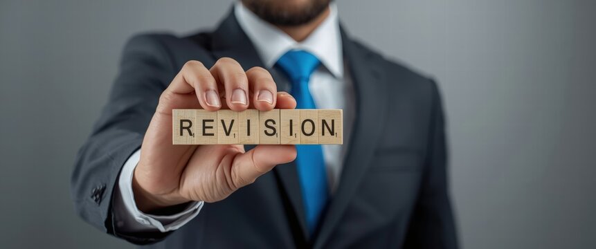 Strategic revision portrayed by a professional businessman holding letter tiles spelling 'REVISION'. Symbolizes quality control, editing, and improvement in business and education.