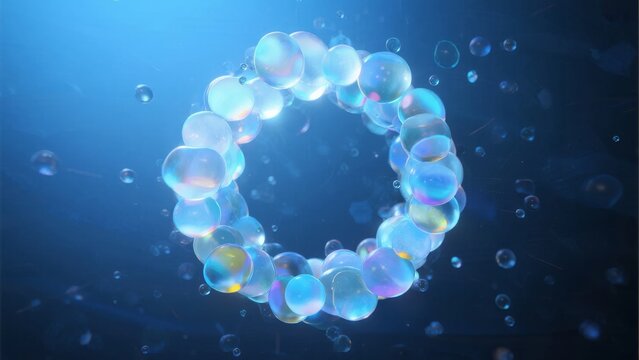 A ring of iridescent bubbles floating in a blue, illuminated space with scattered smaller bubbles. - Powered by Adobe