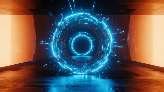 Futuristic blue energy portal glowing in a dark tunnel with reflective floor - Powered by Adobe