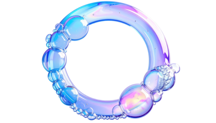 A lustrous iridescent ring shape adorned with glassy spheres on a black background, exhibiting vibrant color gradients